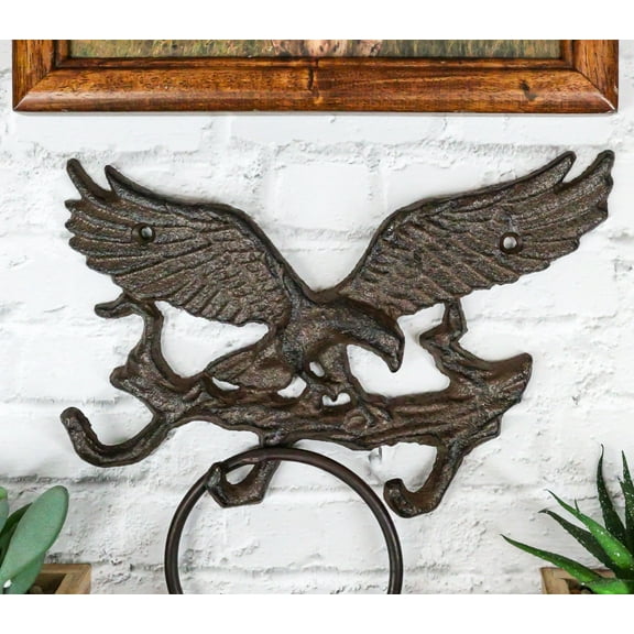 Cast Iron Rustic American Patriotic Bald Eagle 3-Peg Coat Keys Leash Wall Hooks