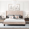 thumbnail image 2 of uhomepro Beige Queen Bed Frame with Velvet Upholstered Headboard, Modern Platform Bed Frame for Adults Teens, Bedroom Furniture w/ Wood Slats Support, Need Box Spring, 2 of 9