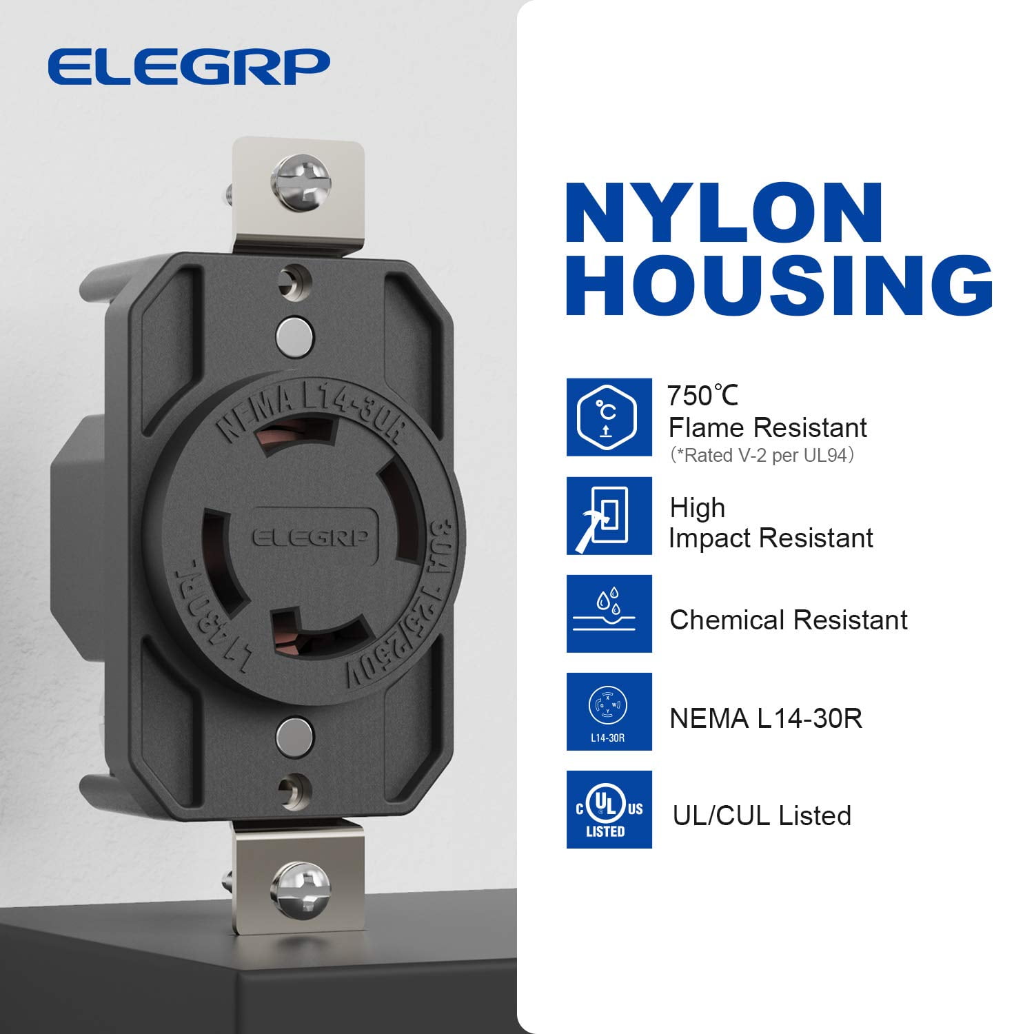 ELEGRP 30 Amp 125/250V NEMA L14-30R Locking Receptacle, Industrial Grade Grounding Twist Lock Outlet, Black