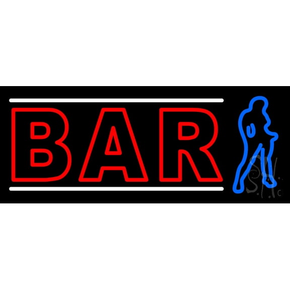 Double Stroke Bar With Girl LED Neon Sign 13 x 32 - inches, Clear Edge Cut Acrylic Backing, with Dimmer - Bright and Premium built indoor LED Neon Sign for Bar decor.