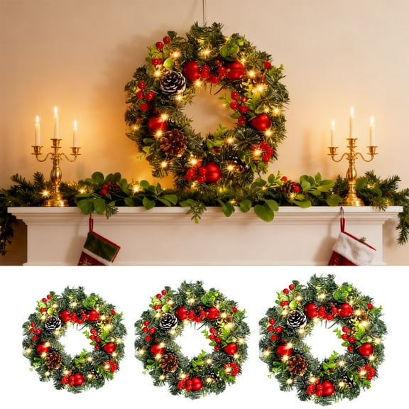Christmas Wreath With Lights under $5! Cagogo Christmas Wreath with LED Lights and Berry Vines, Hanging Garland for Front Door Decorations, Holiday Home Festival Party Decor, Battery Operated