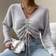 thumbnail image 5 of Jersey de mujer Prendas de punto recortadas acanaladas Top corto de punto fruncido con cordón Cuello en V sólido (gris), 5 of 5