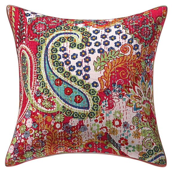 Stylo Culture Indian Chair Seat Throw Pillow Cover 16x16 Kantha Embroidered Pink Traditional 40x40 cm Home Decor Cotton Paisley Square Cushion Cover | 1 Pc