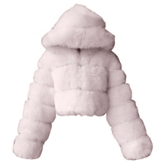 Qetyuw Faux Fur Coat for Women Winter Loose Long Sleeve Crop Hooded Jacket Chunky Casual Warm Coats