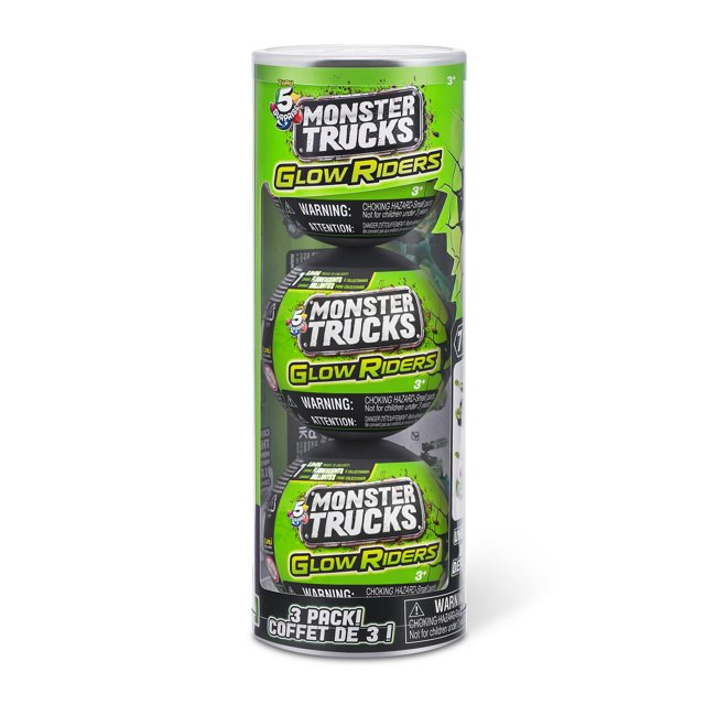 5 SURPRISE Monster Trucks Glow Riders Series 2 Mystery Collectible Capsule 3 Pack with three green cylindrical capsules stacked vertically, each featuring Monster Trucks Glow Riders branding and safety warnings, designed for unboxing and building glow-in-the-dark monster trucks with interchangeable parts and firing weapons.