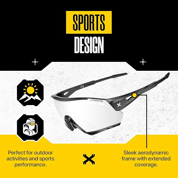 Carbinox Sports Sunglasses with Multiple Shield Lenses Anti-Glare, 100% UV Protection with Hard Case and Accessories, Black Frame