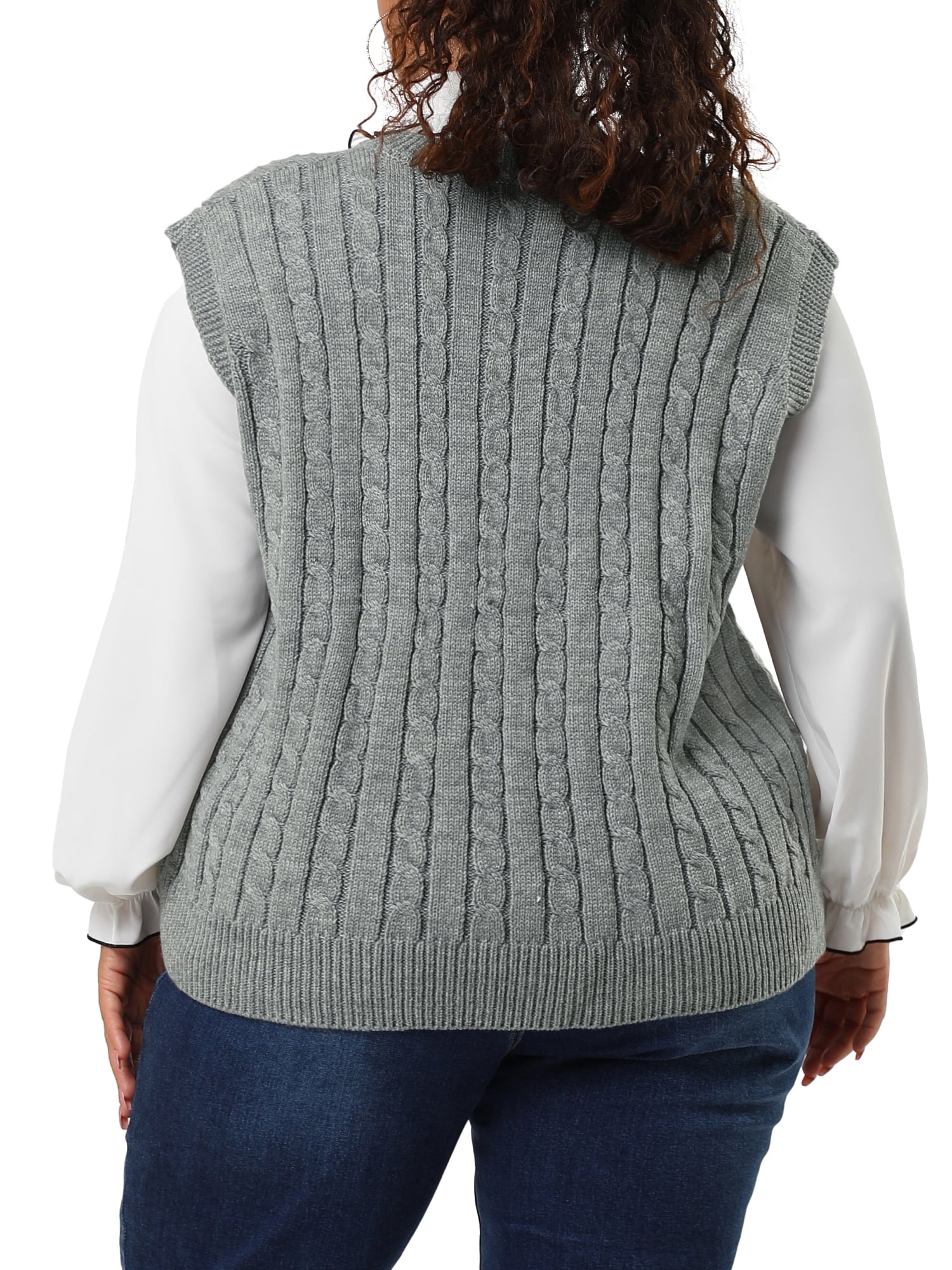 Unique Bargains Women's Plus Size V Neck Cable Knit Sweaters Tank Tops 1X Gray