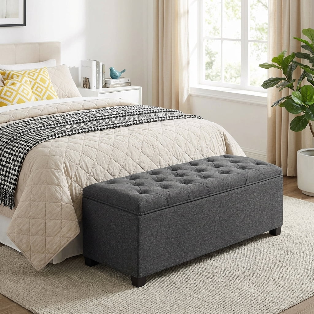LEDREM Storage Ottoman Bench, 43" End of Bed Bench with Removable Cover, 660lb Capacity, for Living Room, Bedroom, Dark Gray
