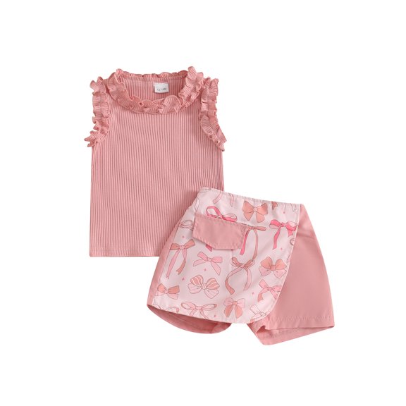 Toddler Kids Little Girl Shorts Set 12 18 24 Months 2T 3T 4T 5T Frill Trim Sleeveless Ribbed Tank Tops Bow Print Elastic Waist Skorts 2 Piece Summer Outfit