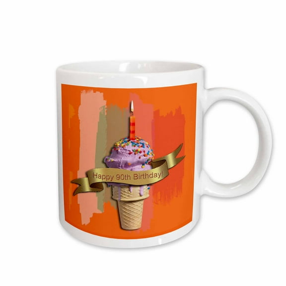3drose, Happy 90th Birthday, Strawberry Ice Cream Cone on Abstract, Orange, 11oz Mug