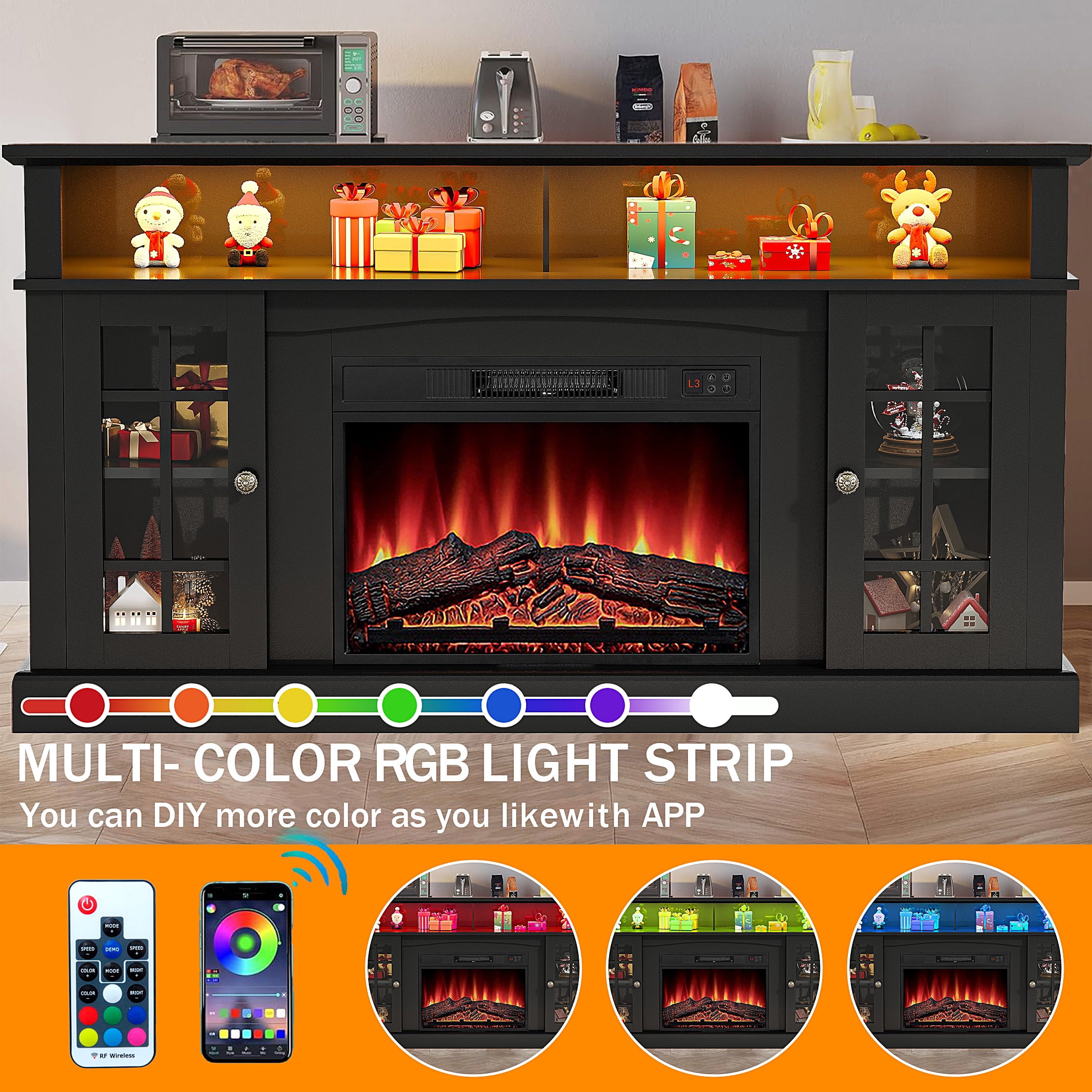 SESSLIFE Fireplace TV Stand for 65 Inch TV, TV Console with 23''Electric Fireplace, Entertainment Center Television Table for Living Room or Bedroom, Dark Gray