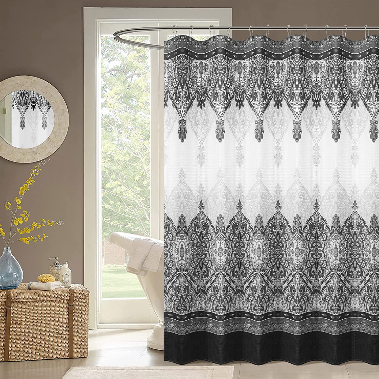 Black Shower Curtain Farmhouse Shower Curtain Moroccan Boho Black and White Shower Curtain Old Fashioned Design Fabric Shower Curtain Bohemian Bathroom Curtain Water Repellent 72x72 inch