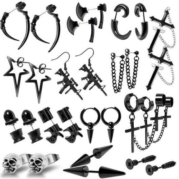 14 Pairs Gothic Punk Y2K Earrings Set Goth Earrings for Women and Men Black Earring Black Stainless Steel Earring with Cross, Axe, Skull Heads, and More