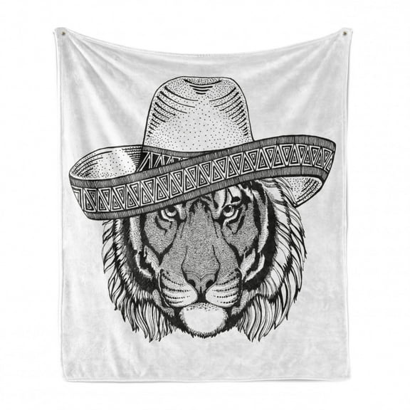 Cinco de Mayo Soft Flannel Fleece Blanket, Monochrome Vintage Engraved Style Tiger Head in Mexican Fiesta Hat, Cozy Plush for Indoor and Outdoor Use, 50" x 70", Charcoal Grey White, by Ambesonne
