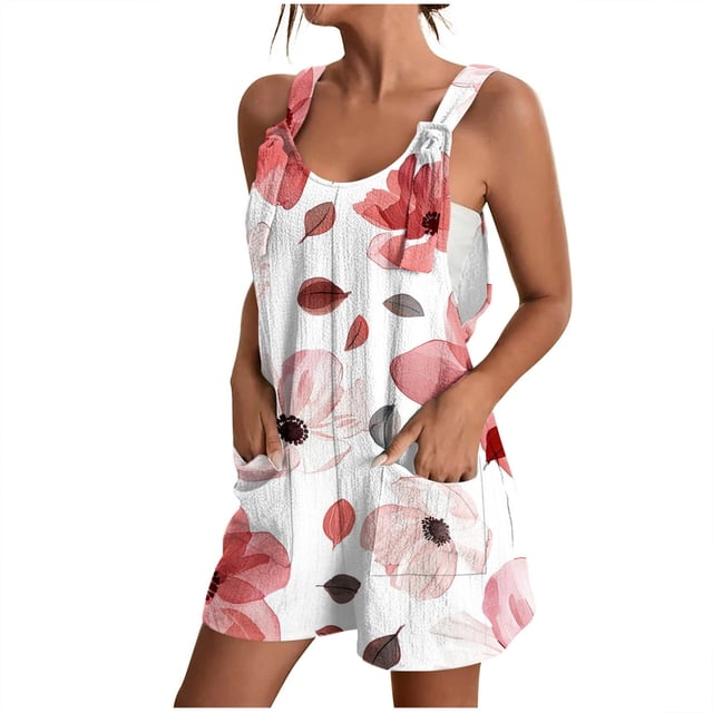 Mrat Combinaisons Courtes à Bretelles d'Été pour Femmes, Mode, Jambes Larges, Combinaisons Décontractées Rétro Imprimées, Salopettes à Bavette, Combinaisons Confortables pour Femmes P-7 Blanc m
