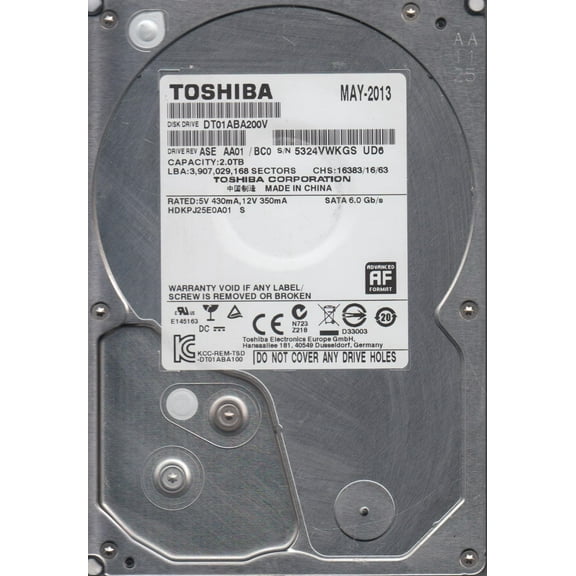 DT01ABA200V, AA01/BC0, HDKPJ25E0A01 S, Toshiba 2TB SATA 3.5 Hard Drive