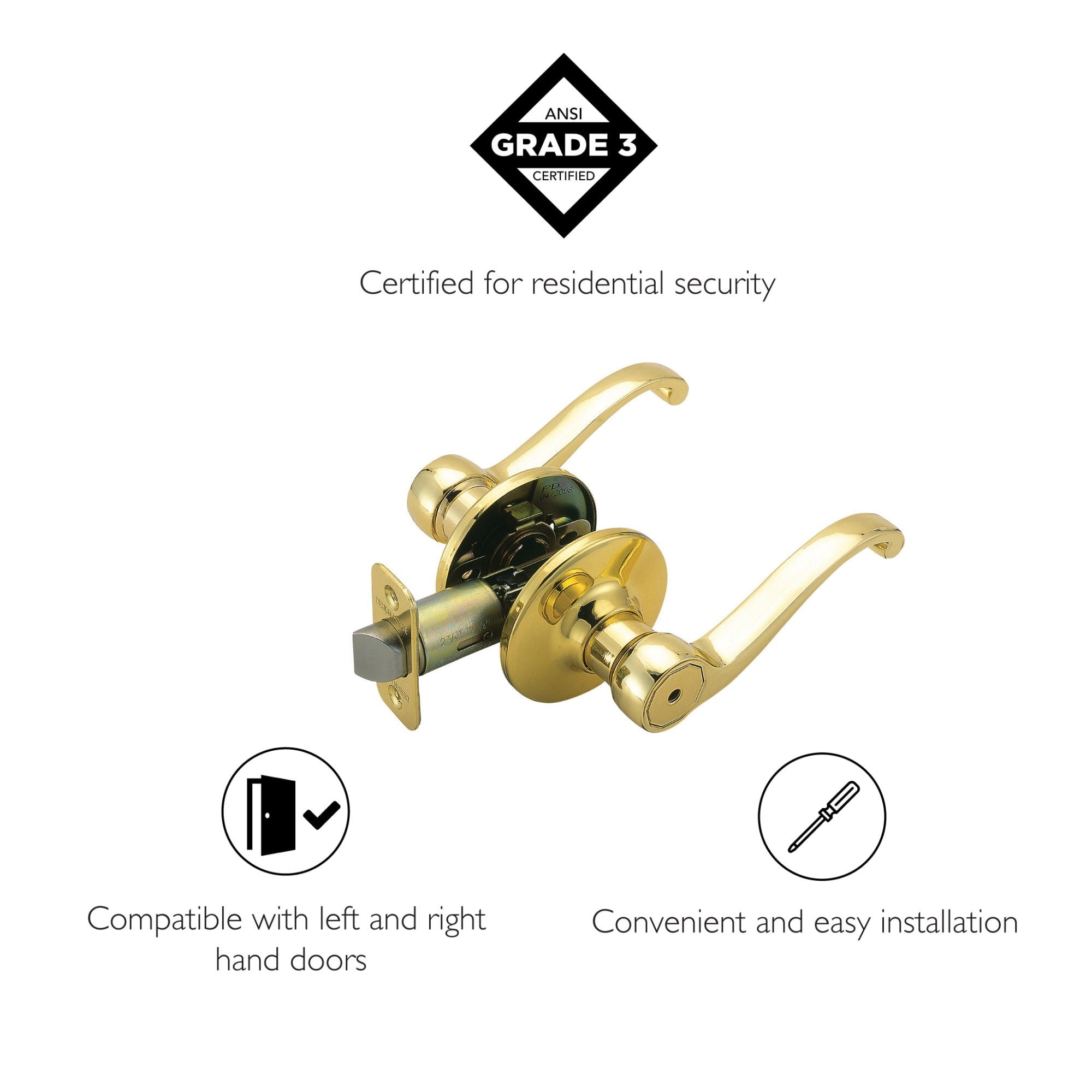 Design House Scroll Universal Privacy 2-Way Latch Interior Bed and Bath Door Lever, Polished Brass