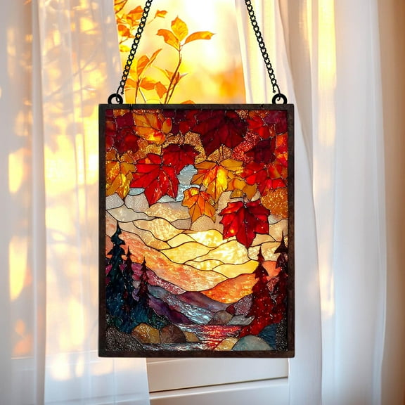 Autumn Mountain Sunset Acrylic Suncatcher, Fall Maple Tree Faux Stained Glass Suncatcher Panel, Rustic Cabin Decor Gift for Mom