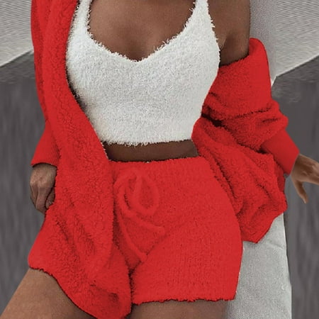 

Tepsmf Womens Pajama Sets Women S 3 Pc Loungewear Sets Plush Soft Casual Housewear Solid Long Sleeves 3 Piece Set Girl Clothes Red Christmas Gifts For Women