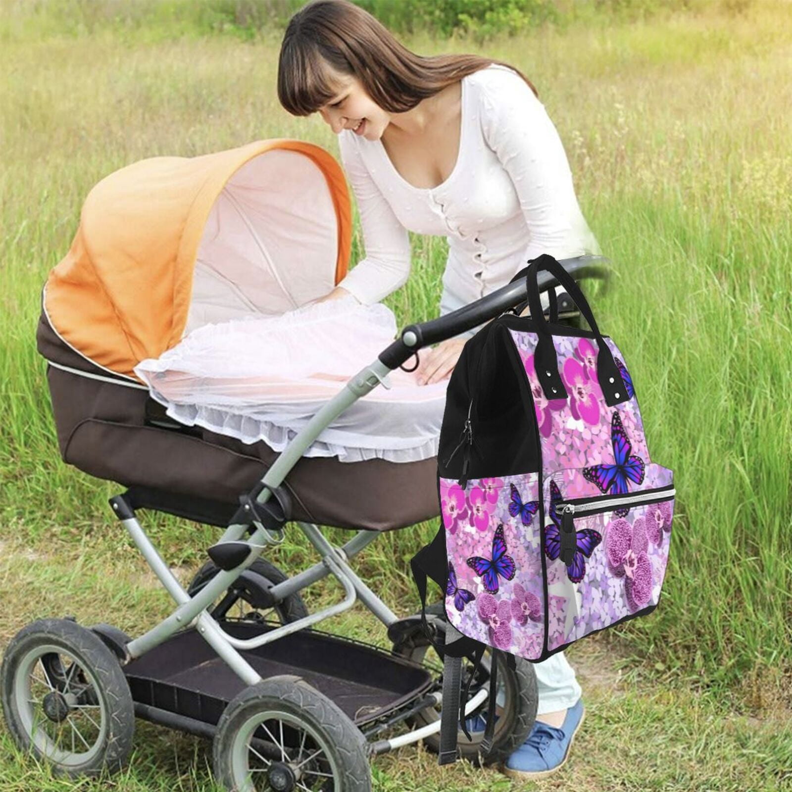 Ratiio Purple Vintage Butterfly Mummy Backpack - Waterproof Twill Canvas, Large Capacity Diaper Bag with Multiple Pockets and Adjustable Straps