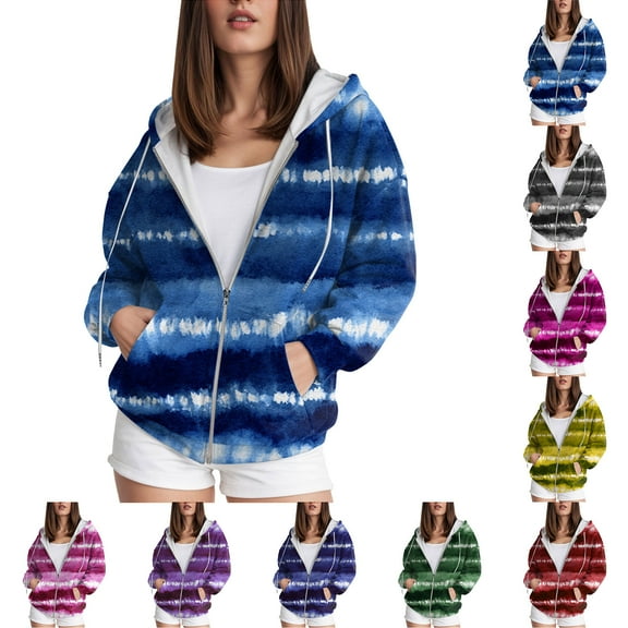Towmus Fall Clothes For Women Zip Up Long Sleeve Hooded Sweatshirts With Pocket Drawstring，Striped Long Sleeve Gradient Hoodies XS-6XL