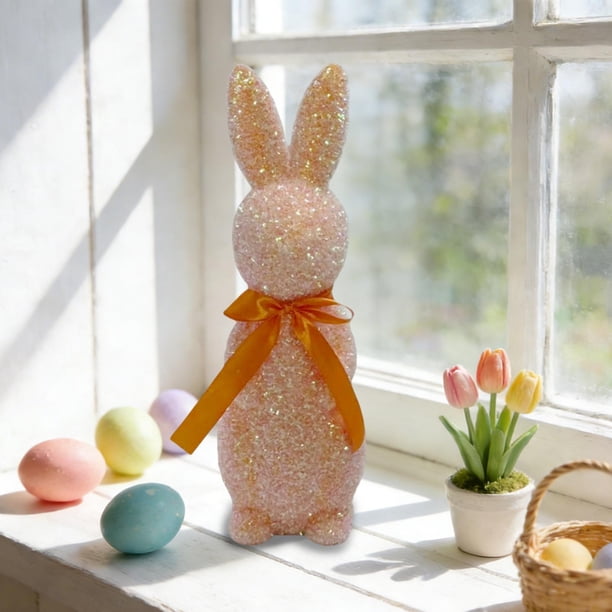Decoración de conejo de Pascua de pie Figurita de espuma 13 pulgadas – lazo brillante, rosa verde morado azul naranja amarillo – jardín de la casa y patio regalo de Pascua