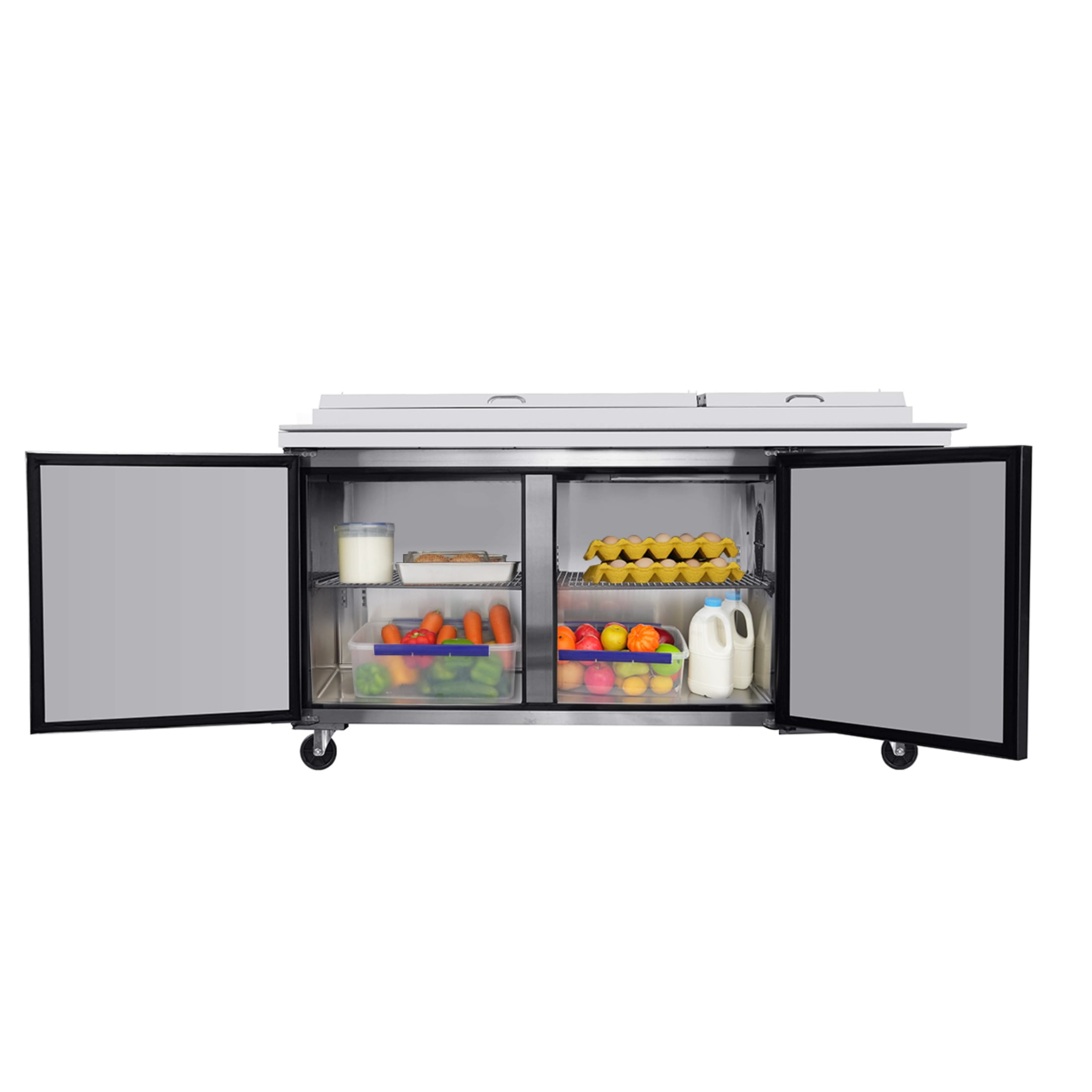 67 IN Commercial Pizza Prep Table with a Built-in Refrigerator 20.3 Cu.Ft, Butcher Block Cutting Board, Protection Lid, Cold Storage, and Smooth-Rolling Casters, ETL Certified （LTL carry)）