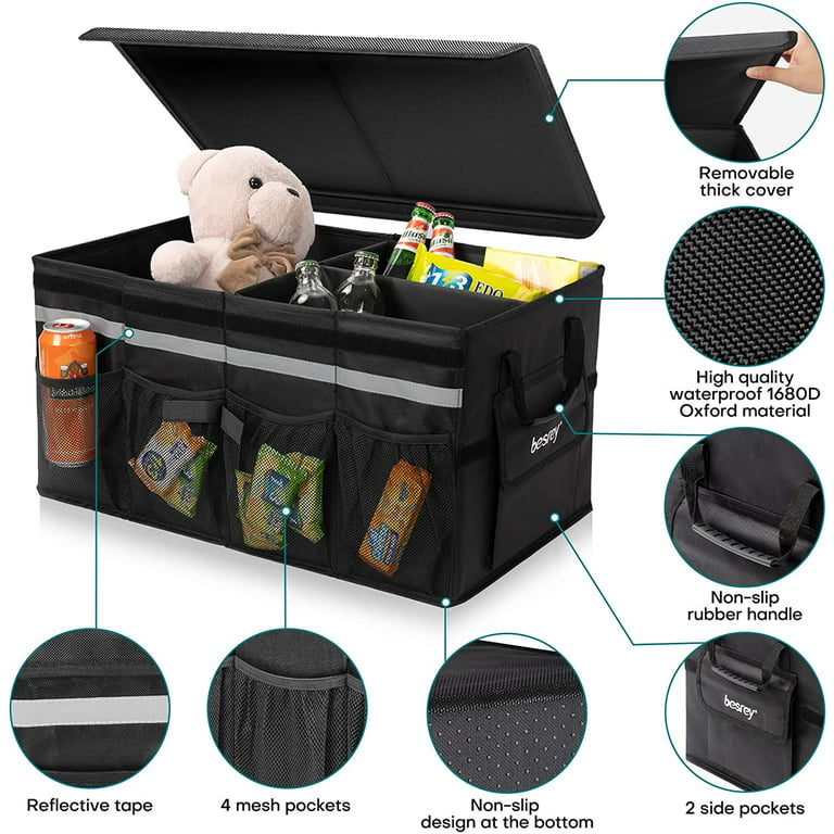 Besrey Car Trunk Organizer with Lid, 66L Collapsible Car Organizers for  Cargo Storage, Waterproof Multi-Compartment Car Storage Box for SUV Truck,  Black 