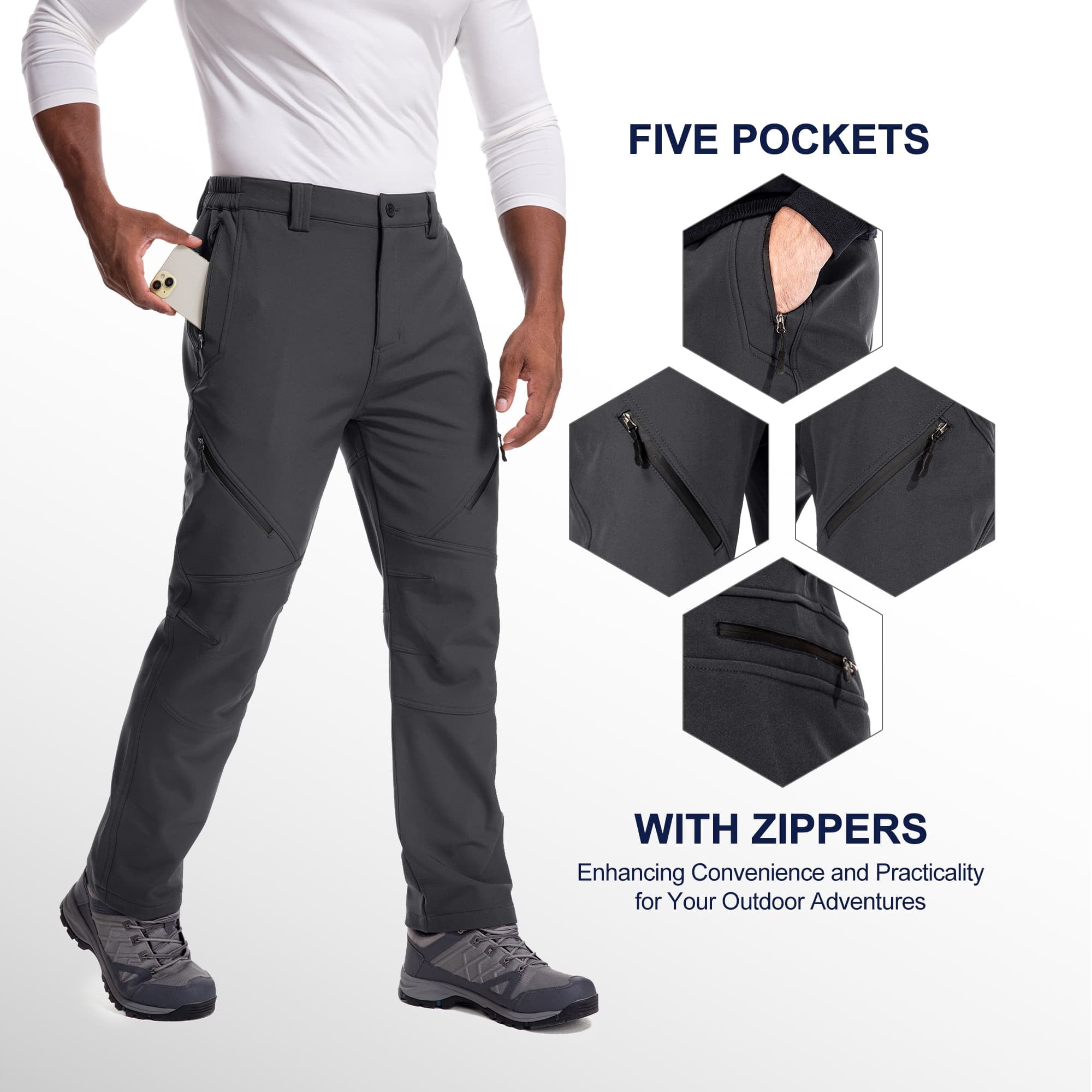 FEN AI Ski Pants Men Hiking Snow Pants Water Repellent Softshell Snowboard Trousers Fleece Lined Winter Outdoor Work Cargo Pants