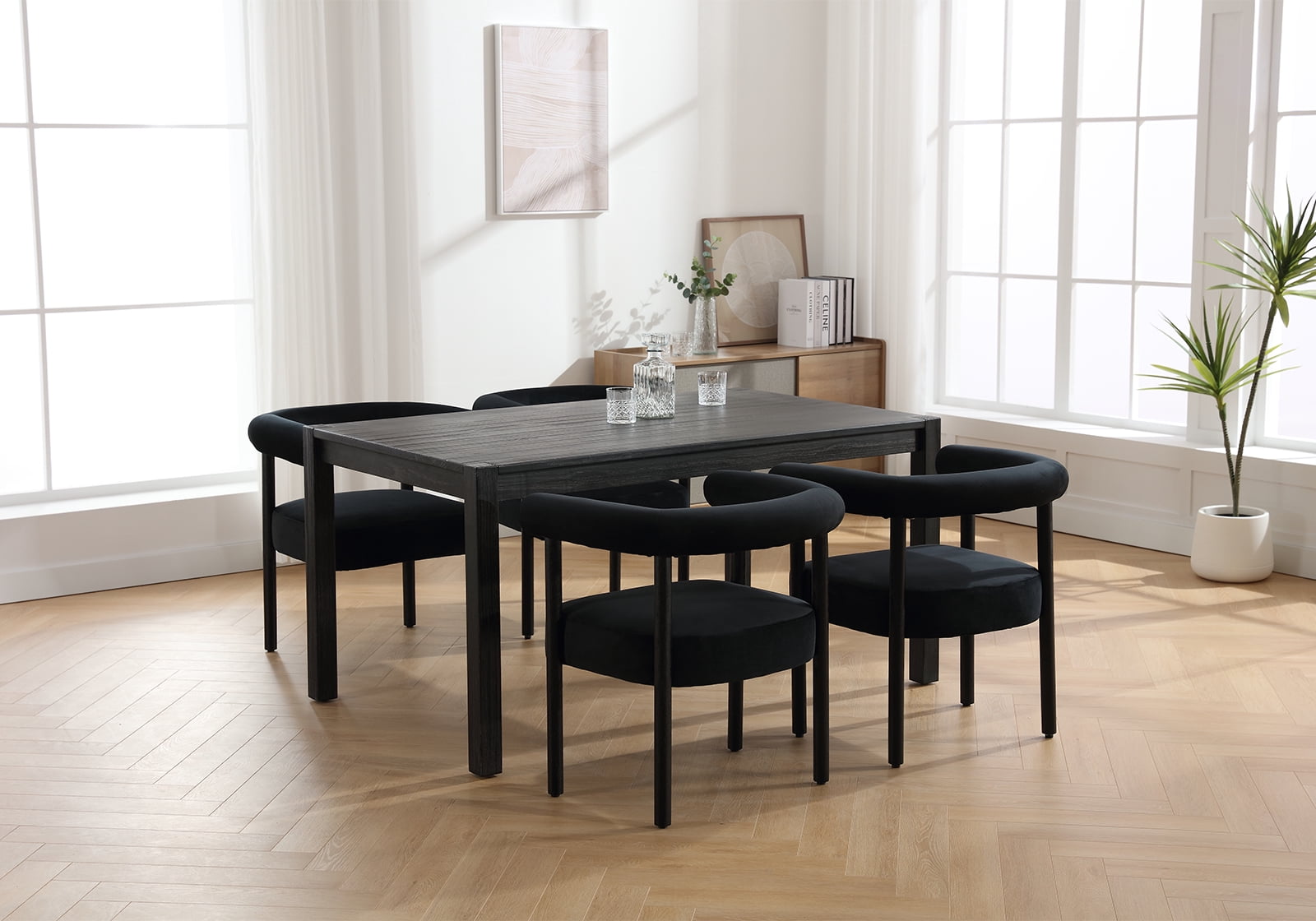 Guyou Modern Barrel Dining Chairs Set of 2, Mid-Century Farmhouse Kitchen Chairs with Curved Back, Wooden Velvet Upholstered Dining Side Chairs for Dining Room Living Room Kitchen, Black