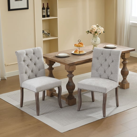 2 Pack Elegant Button Tufted Dining Chairs, Beige Chenille Upholstery, Hand-Sanded Curved Wood Legs for Home Indoor Use