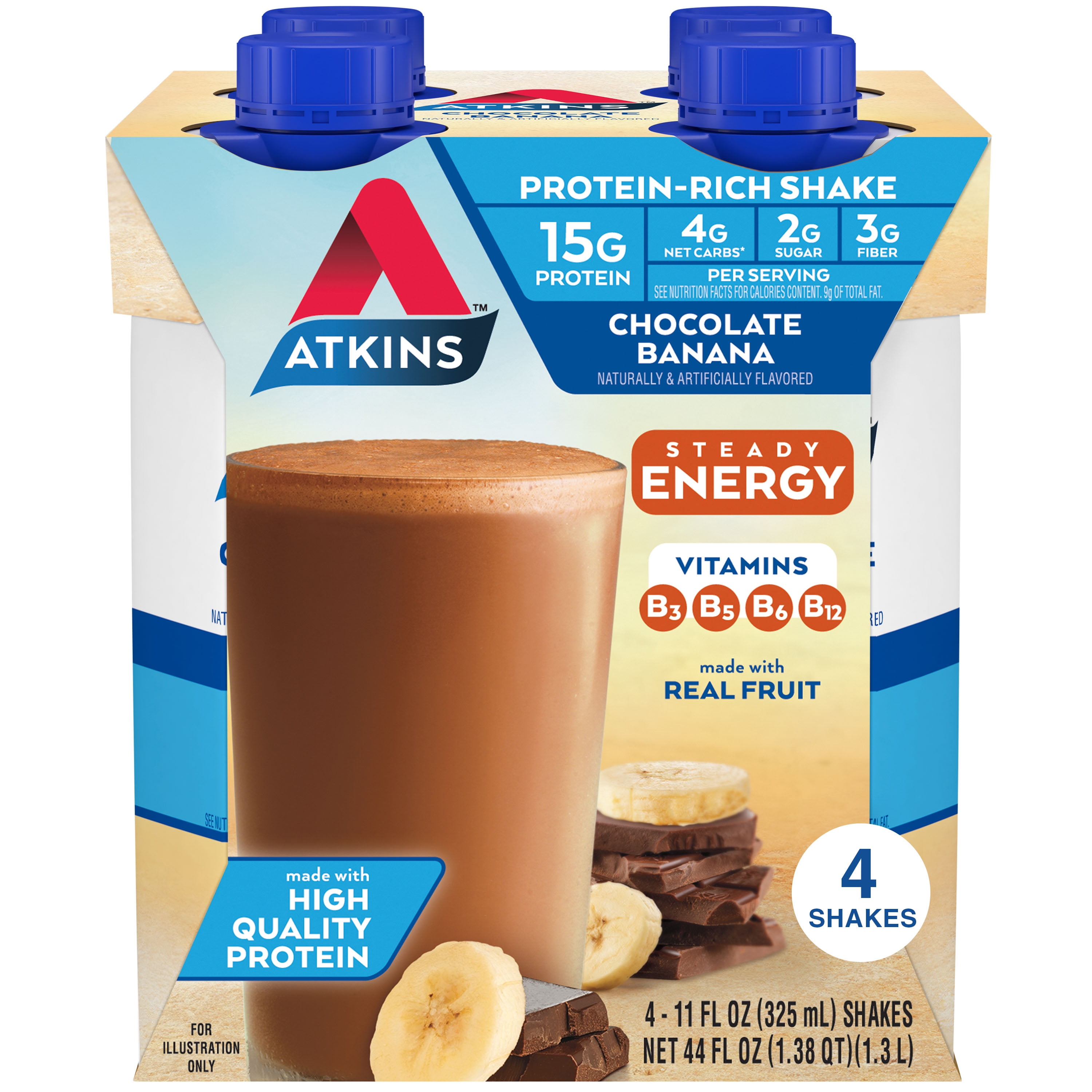 (3 pack) Atkins Chocolate Banana Protein Shake, High Protein, Low Glycemic, Low Carb, Low Sugar, Keto Friendly, 4 Count