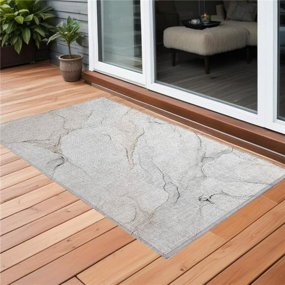 HomeRoots 560178 3 x 5 ft. Beige Ivory & Gray Abstract Washable Non Skid Indoor Outdoor Rectangle Machine Woven Area Rug