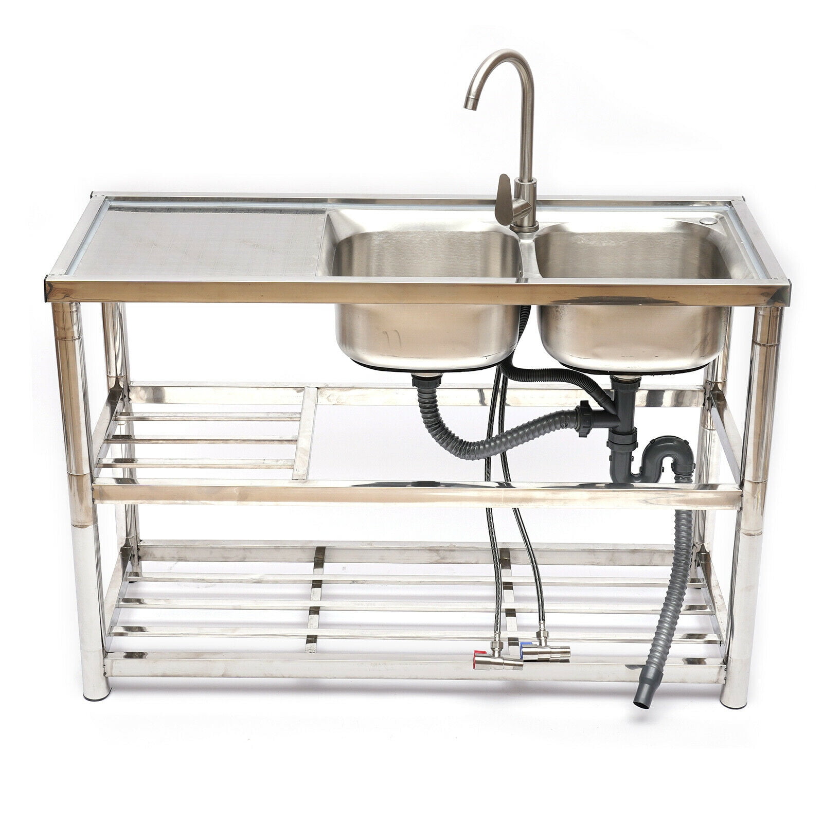 Fichiouy Free-standing Kitchen Sink Stainless Sink 2 Bowls with Drainer Unit&Faucet Commercial Silver