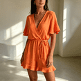 thumbnail image 2 of Morttic Women's Solid Color V-Neck Short Sleeve Laced Waist Ruffle Hem With Pockets Loose Fit Summer Beach Jumpsuit Orange，XL, 2 of 6