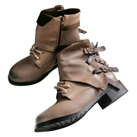 

symoid Womens Boots- Low Heel Retro Lace Up Shoes Casual Belt Buckle Solid Cowboy Ankle Boots Brown 38