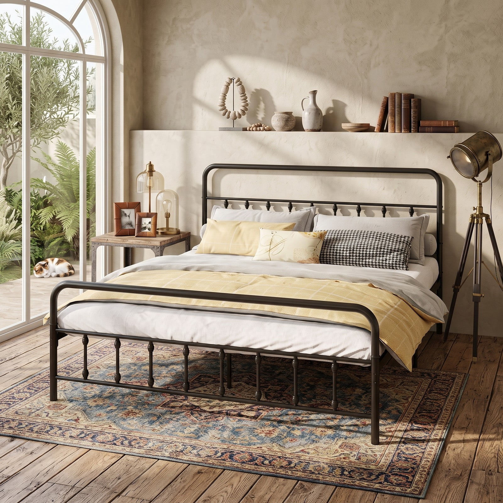 Furnibear King Size Bed Frame with Storage, Metal Platform Bed Frame with Vintage Spindle Headboard and Footboard, No Box Spring, Black