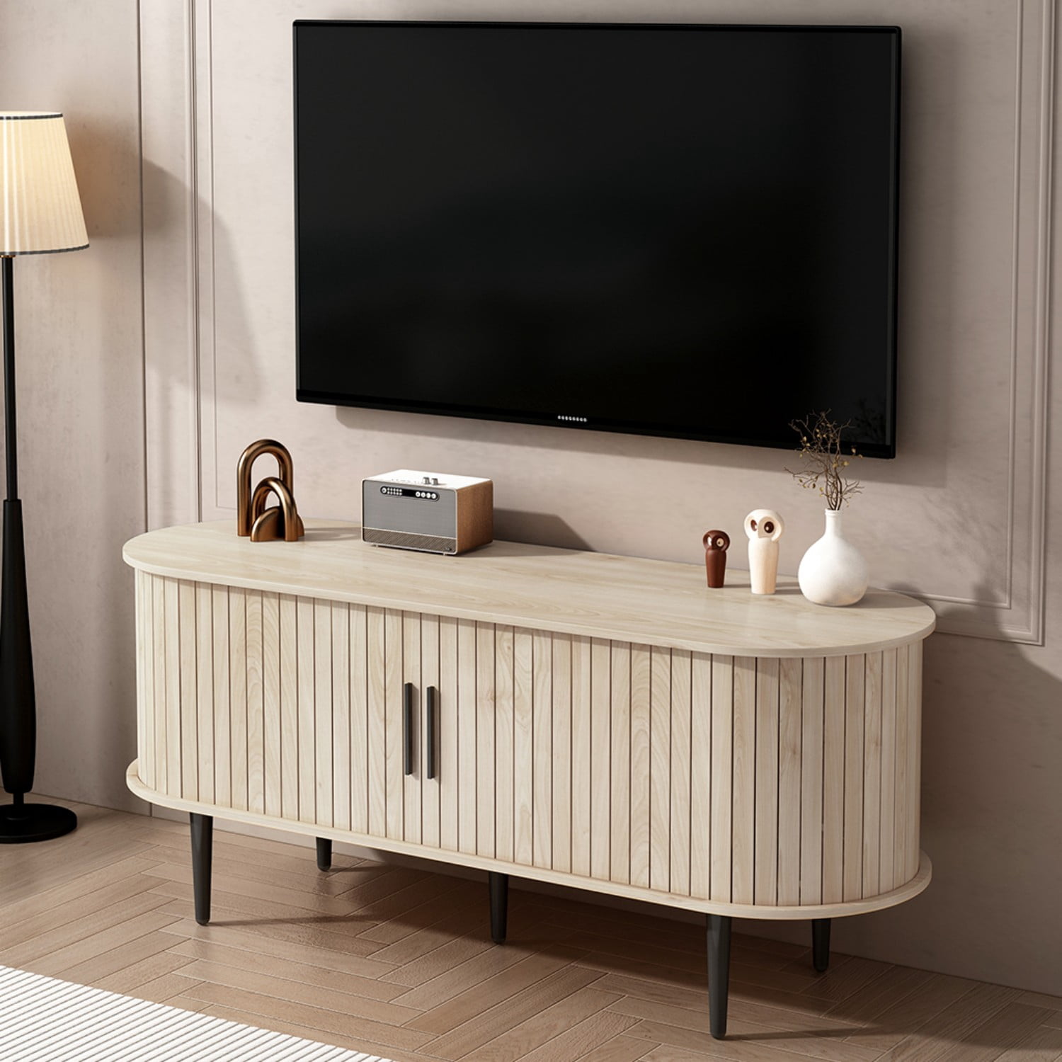 47" Modern TV Stand with Sliding Door Storage Cabinet, Mid Century Media Console Table for Living Room, Bedroom, Office, Natural