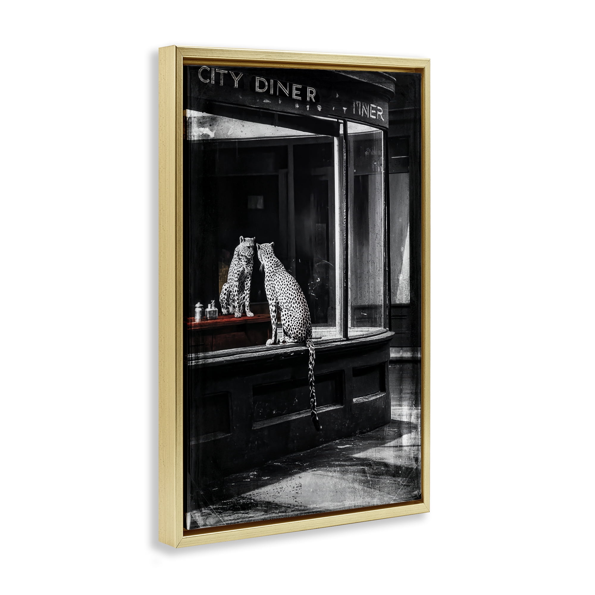 Stupell Industries Diner Noir Leopard Reflection Gold Framed Floater Canvas Wall Art, design by Annabelle Hall