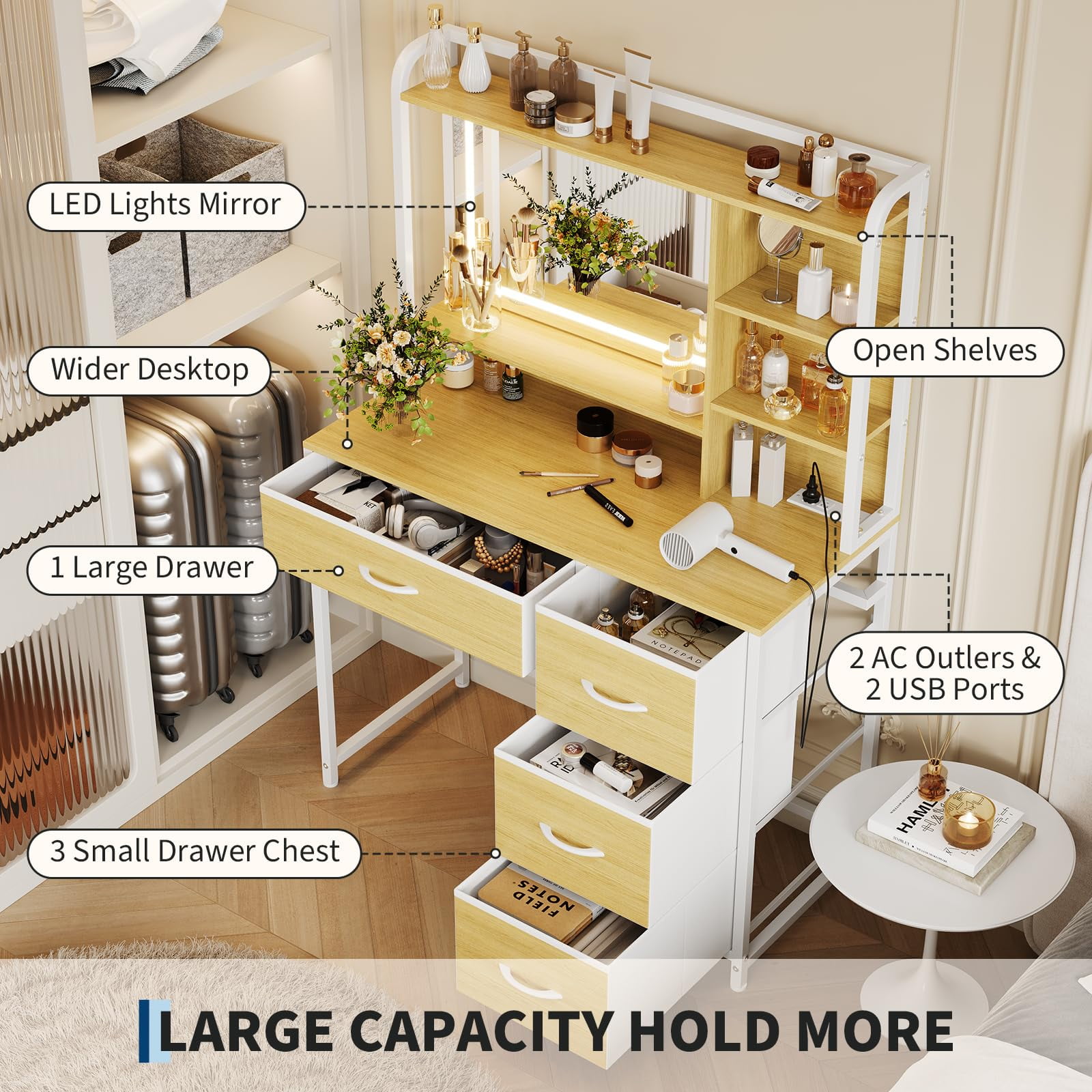Kicctian Modern Makeup Vanity Set with Mirror - Dressing Table Featuring 4 Fabric Drawers & Shelves, Bedroom Furniture Gift for Women,Wood Color