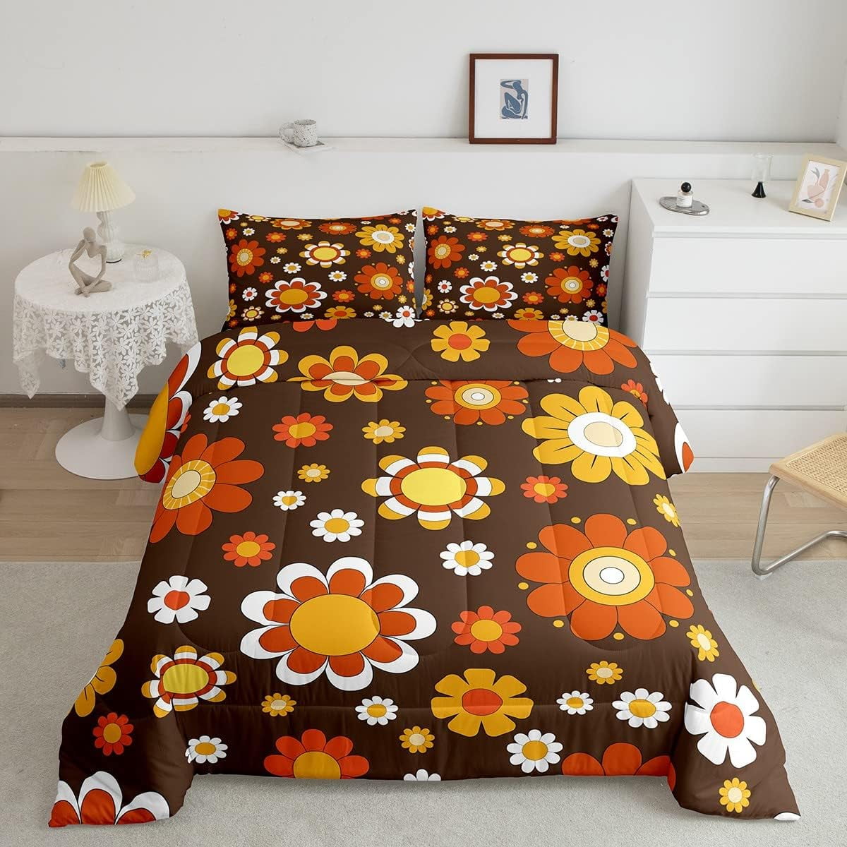 YST Groovy Flower Comforter Set for Girls Women,Brown Funky 60s 70s