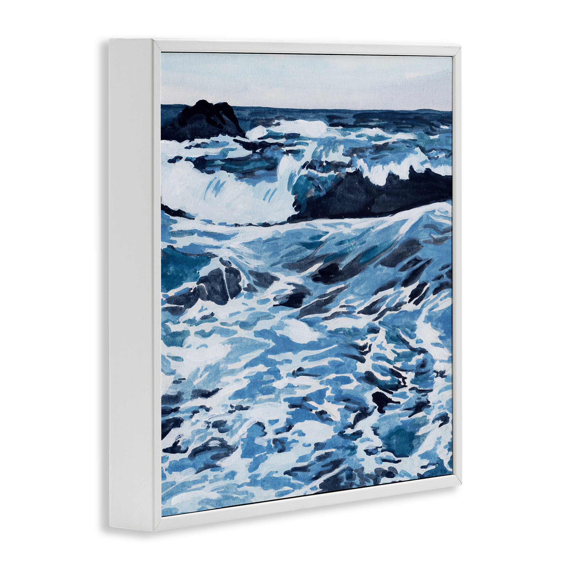 Stupell Industries Blue Coastal Waves Landscape Painting White Framed Art Print Wall Art, 12 x 12