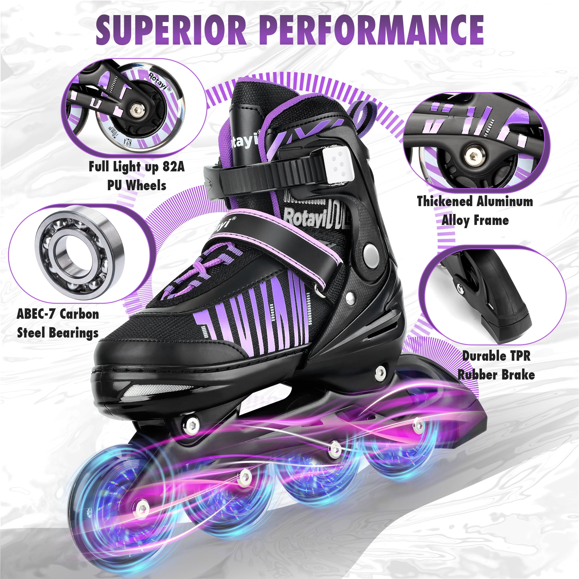TaroKitc Adjustable Inline Skates for Kids and Adult, Girls, Boys with All Light up Wheels, Purple(Size 10C-13C)