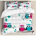 thumbnail image 1 of Nursery Duvet Cover Set King Size, Couples of Owls Sitting on Spring Branches Cute Funny Cartoon Characters, Decorative 3 Piece Bedding Set with 2 Pillow Shams, Turquoise Blue Pink, by Ambesonne, 1 of 3