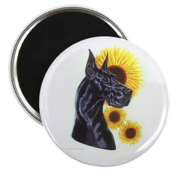 CafePress - Black Gt Dane W/ Sunflowers Magnet - 2.25" Round Magnet, Refrigerator Magnet, Button Magnet Style
