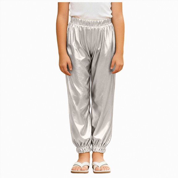 Splozh Girls Casual Pants Fashion Girls Pants Sparkly Trousers Shiny Jogger Pants Street Dancewear Long Pants Trendy Trousers for Teenagers,Silver,4-5 Years