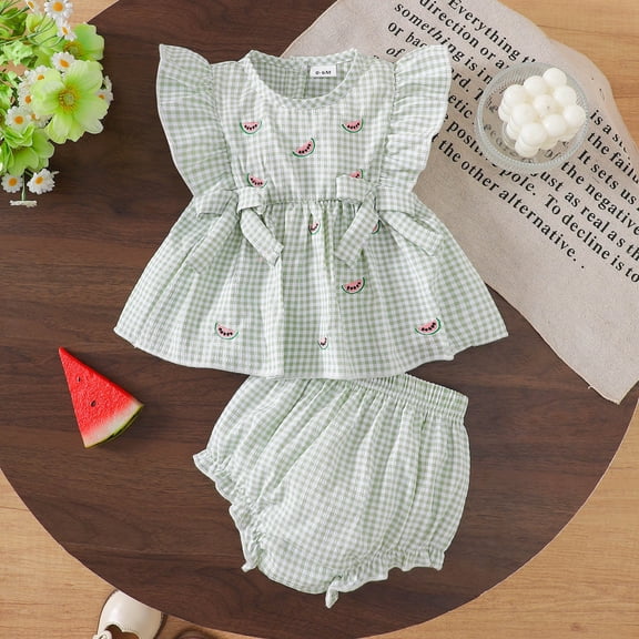 Girls Outfits 2 Piece Square Neck Plaid Print Sleeveless Ruffle Top And Shorts for Daily Wear Baby Girls' Clothing Sets Green 6 Months-12 Months