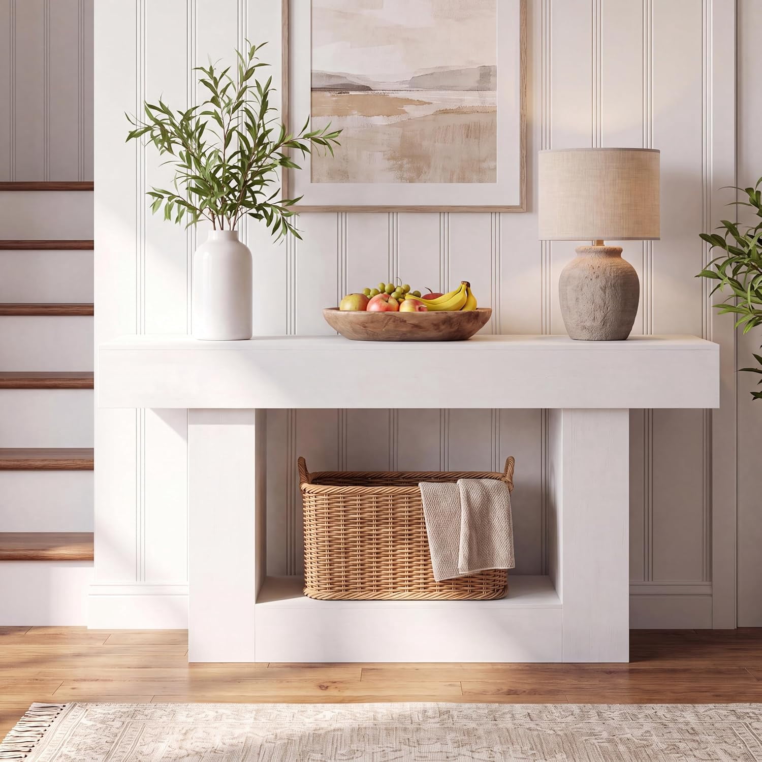 55” Entryway Table with Charging Station & LED Light, Narrow Sofa Table for Hallway Living Room, Modern Farmhouse Console Table with Storage Shelf, White