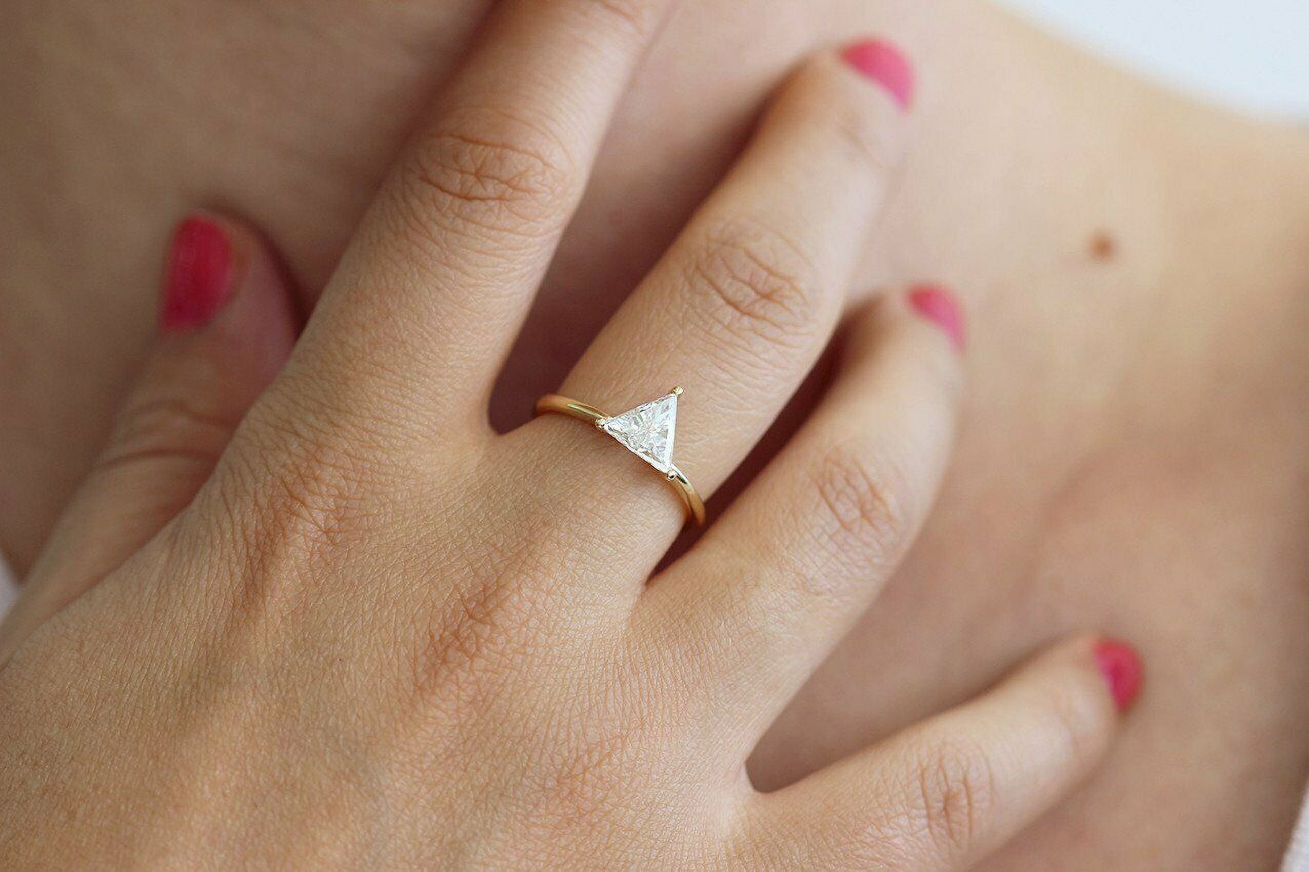 HeartsAndYou 1ct Trillion Cut Moissanite Engagement Ring for Women 18k Yellow Gold Over Silver Minimalist Dainty