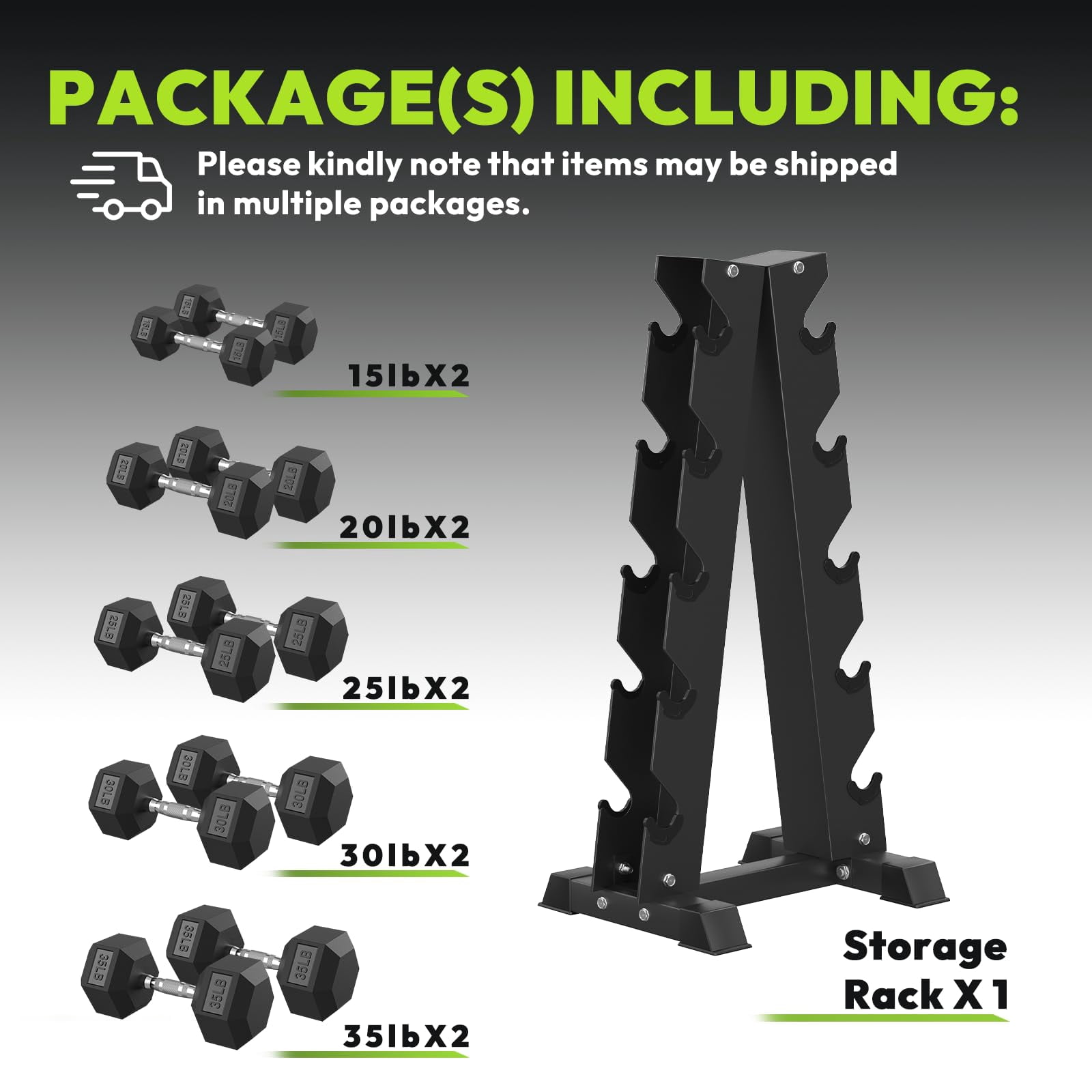 HANDBODE 250 lb Dumbbell Set Rubber Encased Hex Dumbbell Free Weights Dumbbells Set Home Weight Set with Enlarged A-Frame Rack (Pair of 15/20/25/30/35 lb)